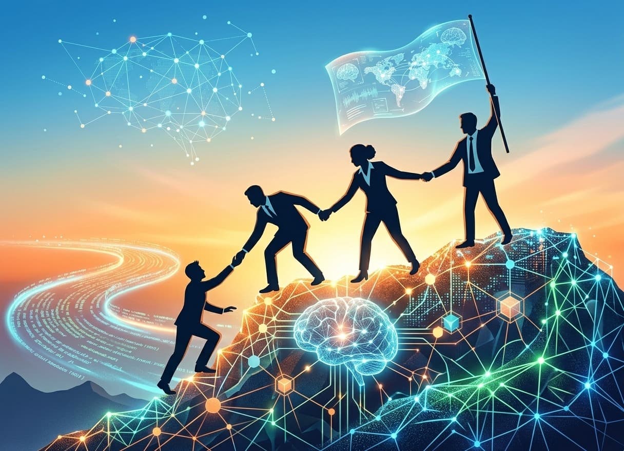 Equipo alcanzando la cima, apoyándose mutuamente